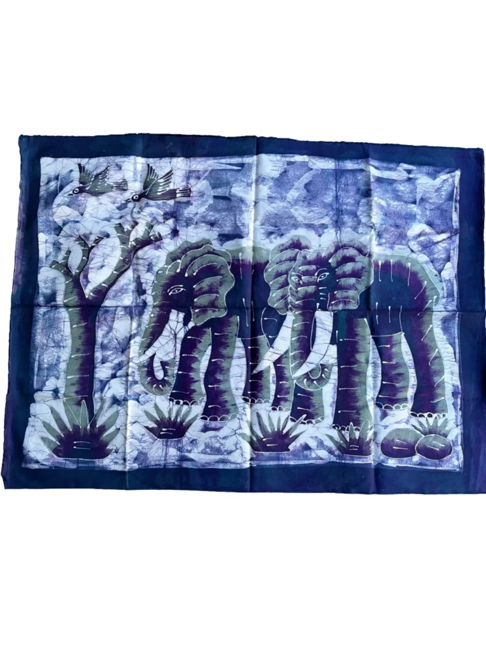 Handmade Elephant Batik Wall Hanging And A Scarf in Indigo and Olive